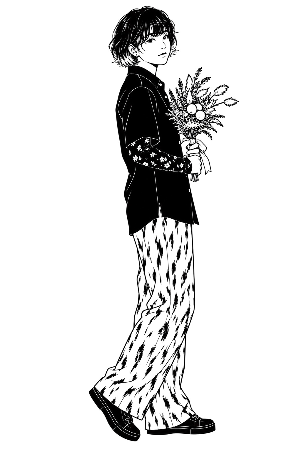 飛ノ庭の本人を描いた、花束を持つモノクロの人物イラスト